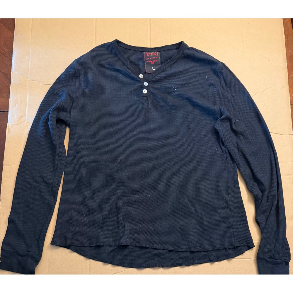 Aniki Raw & Elegant Mens Large Navy Blue Waffle Knit Henley Long Sleeve Shirt